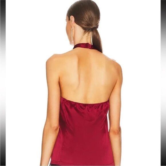 Theory NWT Ertil Convertible Cross Front Plunge Silk Halter Top Red Dahlia L - Picture 4 of 12
